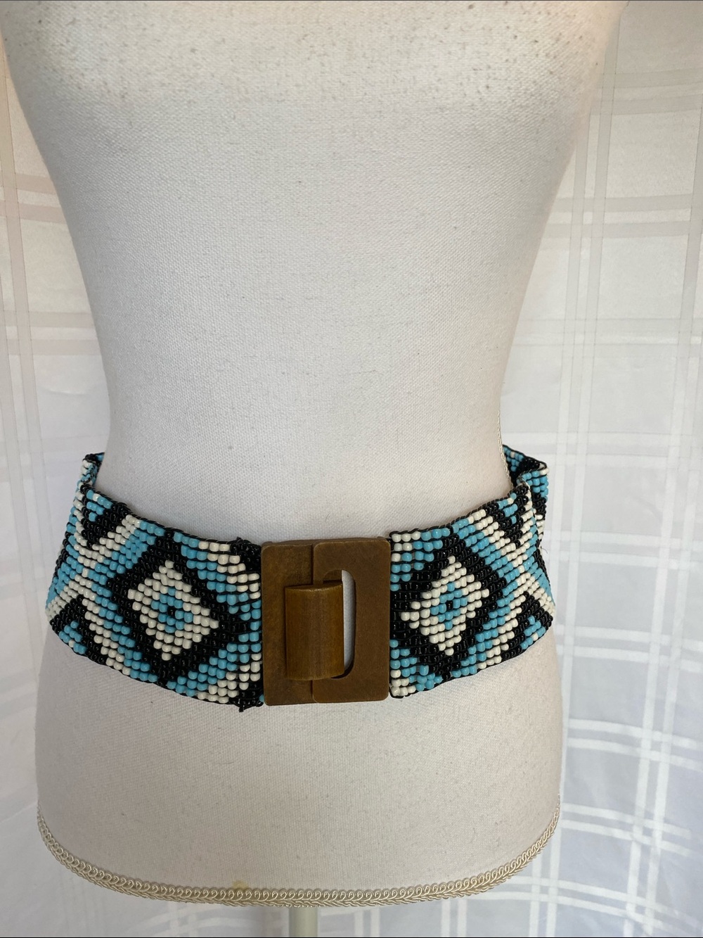 Vintage Boho Beaded Belt Wooden Buckle Southwestern Western Stretch One Size
